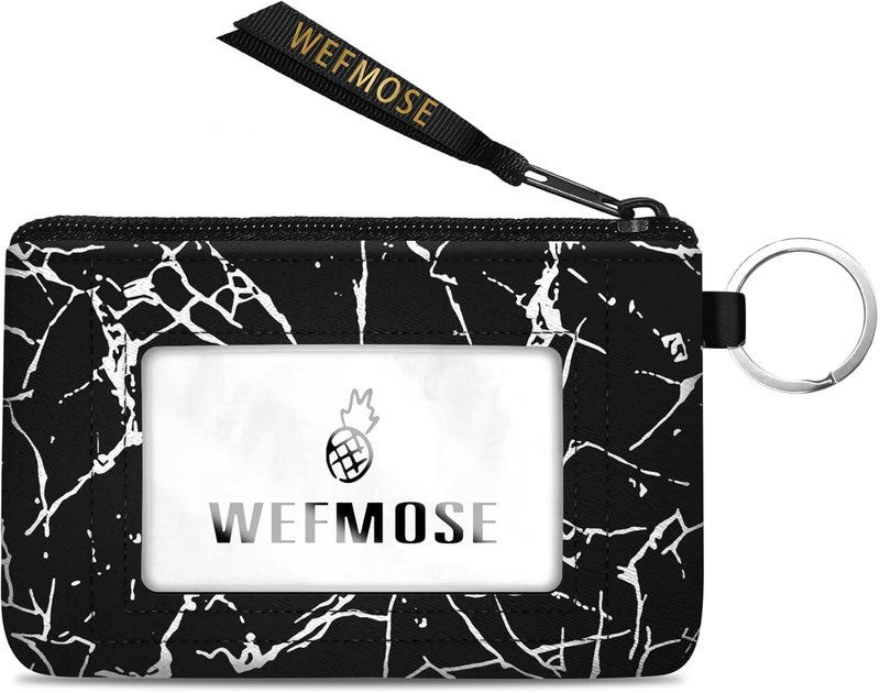 WEFMOSE Small Wallet Keychain with Clear ID Window Zipper Cute ID Case Coin Purse for Women Water Resistant Coin Pouch-Marble-Black Keychain Wallet - Image 1
